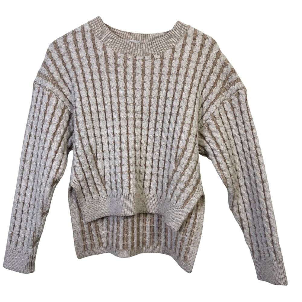 Storia Womens Sweater Large Chunky Beige Cable Knit Crew Neck Long Sleeve‎ Hi Lo
